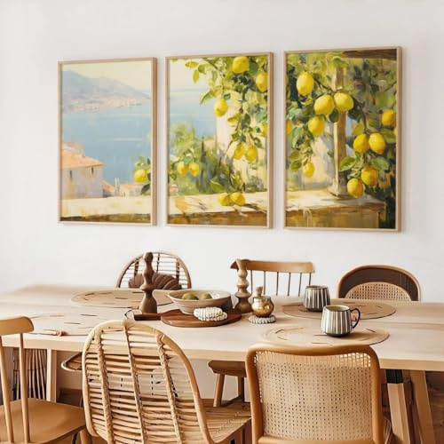 LTjiajuypd Kunstdrucke auf Leinwand, Retro-Landschaftsbild, italienische Landschaft, Zitronenbaum-Poster, Esszimmer-, Wohnzimmer- und Heimdekoration (60 x 90 cm - 3 Stück)