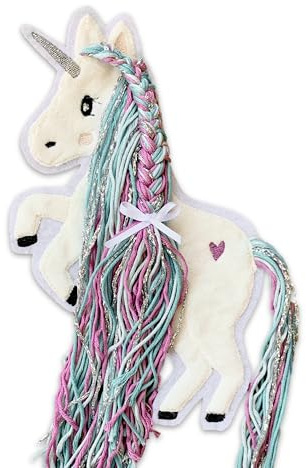 Applikation Einhorn mit Wollmähne Türkis Violett Flieder Silber Aufbügler für DIY Schultüte Zuckertüte Bügelbild Patch Bügelpatch Pferd weiß Glitzer (Groß (12x19 cm))