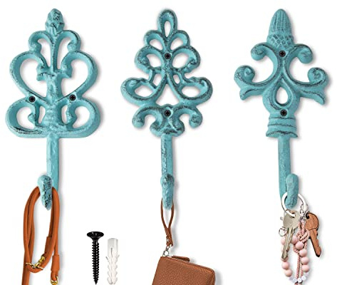 Comfify Antique Chic Cast Iron Decorative Wall Hooks - Rustic - Shabby French Country Charm - Large Decorative Hanging Hooks - Set of 3 - Screws and Anchors for Mounting Included- Blue