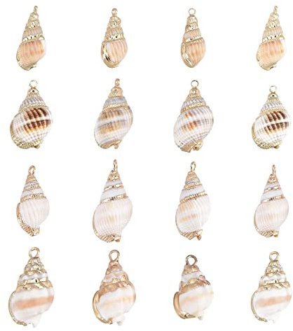 SUNNYCLUE 1 Box 16 Stück 4 Stil Ocean Beach Spiral Muscheln Basteln Charms Verbindungsstücke Anhänger Muschelschalen Charms Mit Plattierter Goldener Öse Für Armbänder, Halsketten, Bastelbedarf