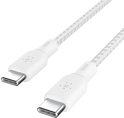 Belkin cable USB tipo C a USB-C, Power Delivery de 100 W, cable USB C con certificación USB-IF 2.0 con exterior de nailon y doble trenzado para iPhone 16 y 15, iPad, MacBook, Galaxy y más, 3 m, blanco