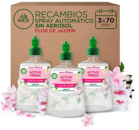 Air Wick Active Fresh Spray Automatico Sin Aerosol - Ambientador para casa con Aroma a Flor de Jazmín - Pack de 3 Recambios (228mlx3)