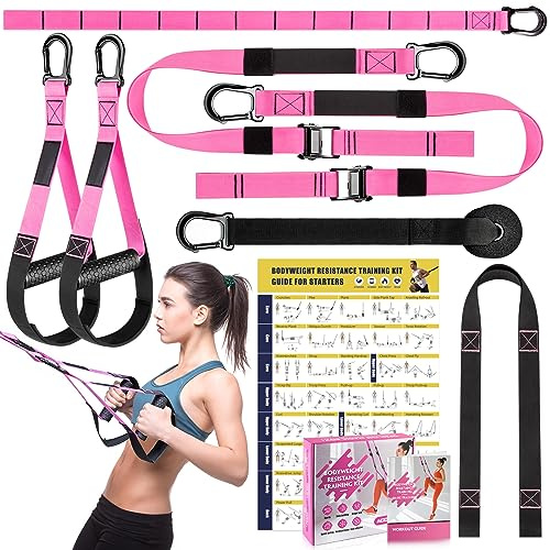 Home Resistance Training Kit, Resistance Trainer Exercise Straps with Handles, Door Anchor and Carrying Bag for Home Gym, Bodyweight Resistance Workout Straps for Indoor & Outdoor (Pink)
