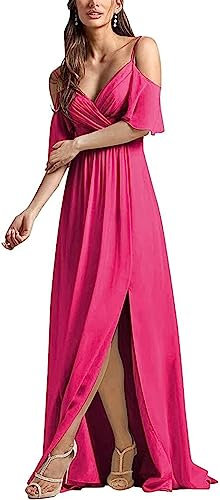 Vestidos de gasa de manga corta abombada para mujer, vestidos de fiesta con cuello en V dividido lateral, fucsia, 36