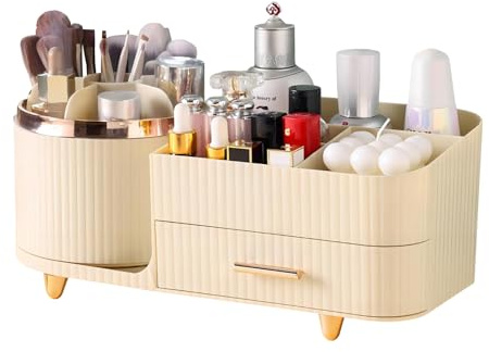 DASITON Organizer Trucchi Rotante a 360°, Porta Trucchi Organizer per Cosmetici con Cassetti,Organizzatore Trucchi di Grande Capacità, Porta Pennelli Makeup per Bagno, Camera da Letto (Crema)
