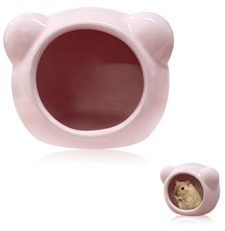 LuckyOpt Casa de hámster de cerámica, bonita cueva de hámster con forma de oso, hábitat de verano para animales pequeños, para ratones jerbos, chinchillas, enanos y hámsteres sirios (rosa)