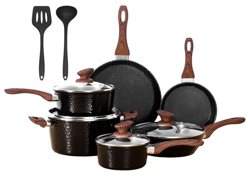 DishDelight Topf und Pfannenset 12-teilige Antihaftbeschichtung Töpfe und Pfannen für Induktion alle Herdarten Geeignet Bratpfanne mit Deckel