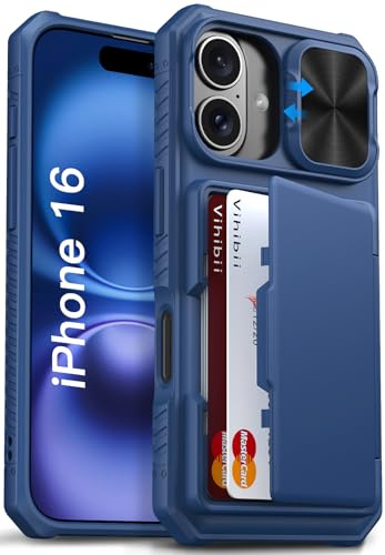 Vihibii for iPhone 16 Wallet Case with Card Holder (4 Cards), Blue | [RFID Blocking] & Slide Camera Cover & Raised Edges Protect Screen, Shockproof Rugged Phone Case for iPhone 16 6.1 2024