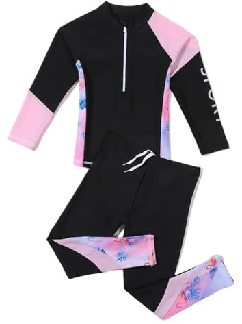 Hotfiary Girls Long Sleeve Swimsuit, Two Piece Rash Guard Swimwear Set, 1/4 Zip Up Swimming Shirt Top and Long Swim Pants Bathing Suit, Watersport Diving Wetsuit, Sun Protection UV 50+ Beachwear 2-12Y