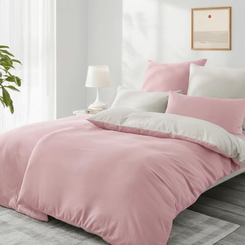 Aisbo Bettwäsche 135x200 4teilig Rosa Beige - Bettwäsche Sets 2 Bettbezüge 135x200 cm + 2 Kissenbezüge 80x80 cm, ÖKO-TEX Wendebettwäsche Weich Mikrofaser mit Reißverschluss