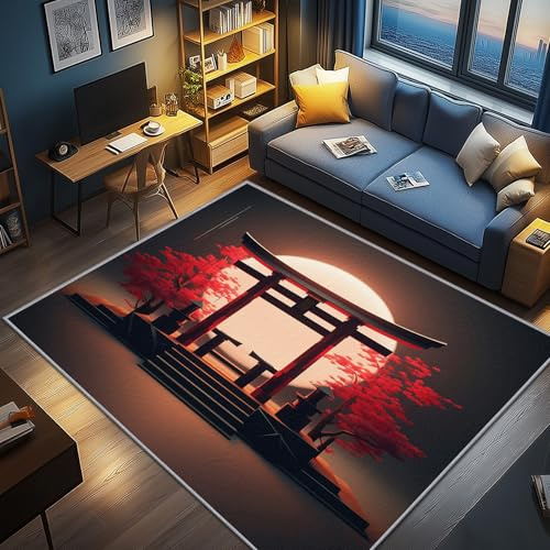 AevuCub Japanese Rugs for Living Room - Machine Washable Door Mat Indoor 50 x 80, Japanese Torii Gate Small Rugs for Bedroom, Asian Style Patterned Carpet, Non Slip & Soft Low Pile & Stain Resistant