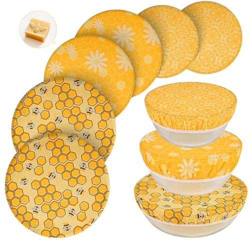 Swiscena 6 Pcs Beeswax Bowl Covers Reusable, Large Reusable Bowl Covers for Bread Proofing,Stretchable to Fit 8/10/12 Inch Bowls (2 Each),3 Patterns, Beeswax Wraps for Bread,Leftovers,Fruits,Salad