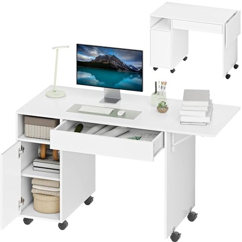 HOMCOM Bureau d'Ordinateur Pliable Mobile sur roulettes 130 x 58 cm Blanc