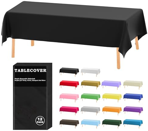 D&Z Plastic Table Cloth Disposable, 12 Pack Black Rectangle Tablecloth Individually Wrapped for Indoor&Outdoor, 54 x 108 Inch Table Cover for Party, Picnic, Birthday, Wedding & Dinner