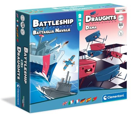Clementoni- Battaglia Navale + Dama Tavolo, Gioco di società per Tutta la Famiglia, 2 Giocatori, 6 Anni+, Made in Italy, Multicolore, 16305