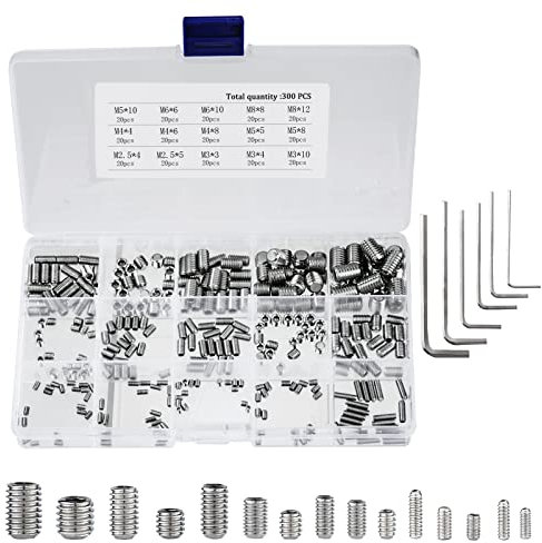 Madenschrauben Edelstahl M2.5 M3 M4 M5 M6 M8 Gewindestifte Inbusschraube Sortiment Kit mit Inbusschlüsseln 300 Stück