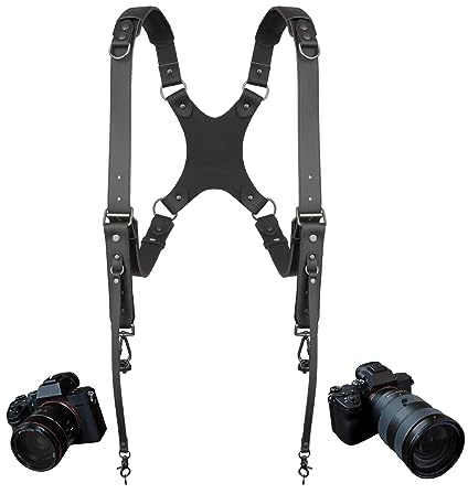 4J LEDR Camera Strap Accessories for Two-Cameras,Dual Camera Harness,Dual Shoulder Leather Harness,Camera Shoulder Strap,Leather Camera Strap,Multi Camera Gear for DSLR/SLR Strap, Black, Large