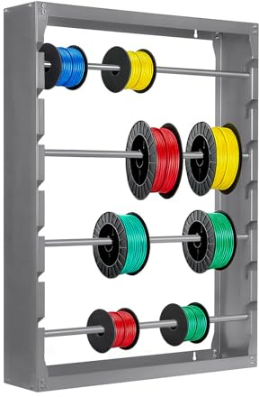 foriy Wire Spool Rack Heavy Duty Cold-Rolled Steel Wire Cable Dispenser | Conduit Display Rack Wall Mounted Spool Storage Rack with 4 Adjustable Rods for Electrical Industrial Retail Use Grey