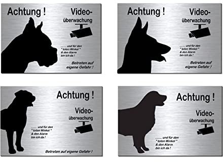 Boxer-Schäferhund-Rottweiler-Retriever-Video-Hund-Schild-Hundeschild-300 x 200 x 3 mm-Aluminium Edelstahloptik-Schilder-Tierschild-Warnschild-Hinweisschild (133-38 Boxer mit 2 Löcher mittig)