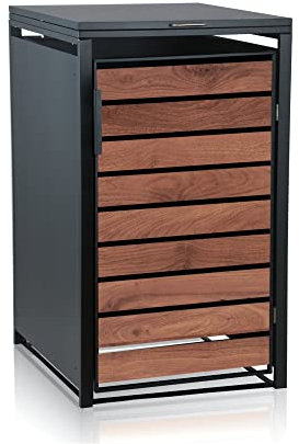 Zelsius Mülltonnenbox für 120-240 Liter Mülltonnen | Anthrazit RAL 7016 | Tür in Holzoptik | inkl. Erweiterungsmöglichkeit | Mülltonnenhäuschen, Abfalltonnenbox (1 Mülltonne)