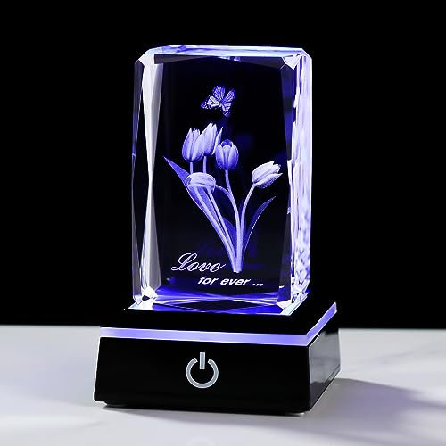 Movdyka Crystal 3D Tulip with Butterfly Figurine Gifts for Women Wife Engraved Flowers Keepsake with LED Base for Birthday Mother's Day, Glass Floral Ornaments for Her Girlfriend Christmas