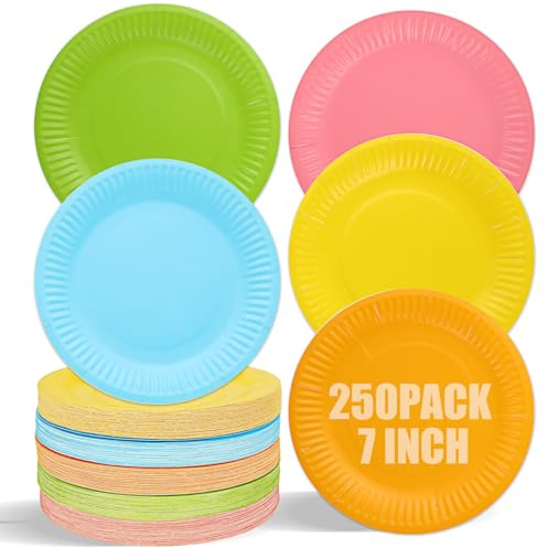 DAJAVE Lot de 250 assiettes en carton colorées jetables de 17,8 cm - Assiettes de fête biodégradables - Assiettes en papier arc-en-ciel pour fêtes, mariages, décorations de fête d'anniversaire