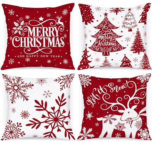 Lanpn 4 Stück Weiß und Rot Kissenbezug Weihnachten Kissenhülle 40x40 cm, Winterliche Schneeflocken Dekorative Weihnachtskissen für Weihnachtsdeko Christmas Bettwäsche Sofa Decorations (Rot)