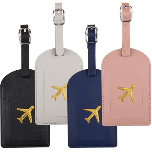 4 Pcs PU Leather Luggage Tags for Suitcases, Waterproof Baggage Label Address Name ID Card Tag Set Travel Bag Accessories with Adjustable Strap Privacy Protection Cover for Preventing Loss