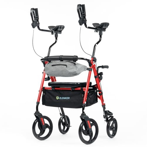 ELENKER Upright Rollator Walker, Stand Up Walkers for Seniors with Armrest, Front Pouch, 10”Wheels, Sponge Padded Seat and Backrest, Fully Adjustment Frame, Red
