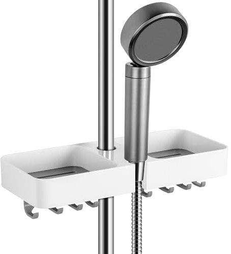 Aoleca Duschablage Ohne Bohren,Duschstangen Aufbewahrungsregal mit Hängendem Duschkopfhalter, Acht Haken und Multifunktionalem Duschregal für 18 mm – 26 mm Duschstangen, weiß