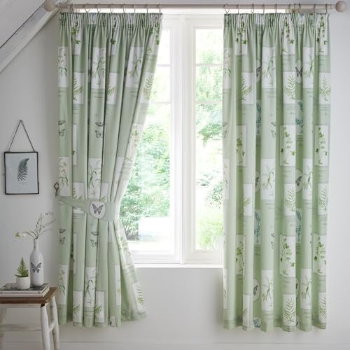 Dreams & Drapes - Floral Plants & Butterfly Specimen W66 x L72 (168 x 183cm) - 2x Panels - 2x Tie Backs Included - Flower Pencil Pleat Curtains & Drapes for Bedroom/Living Room - Matching Bedding