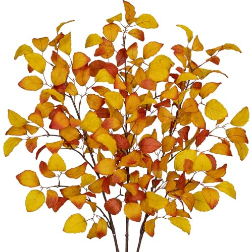 Briful 3 STK. Künstliche Herbstblätter, Herbstlaub Künstliches Fagus Sylvatica Deko Herbst, Kunstzweige Lange Stiele für Blumengestecke Herbstdekoration, Gold