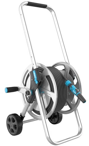 Flopro - Carro de manguera de metal resistente con ruedas de 50 m: marco fuerte para mayor estabilidad, mango ajustable y ruedas anchas. Completo con conectores de manguera SUPERGRIP y boquilla. Se