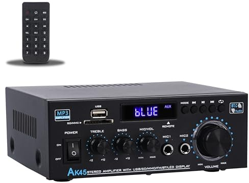 Stereoljud AK45 förstärkare, 300 W hem 2 kanaler trådlöst Bluetooth 5.0 kraftförstärkarsystem, hemförstärkare FM-radio, USB, SD-kort, med fjärrkontroll hemmabio ljud stereosystem