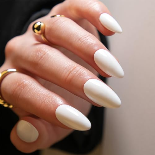 Boloshine Faux Ongles Courts, 24 Pièces Press on Nails Amande Faux Ongles, Ballerine Ongle Artificiels Fake Nails, Couleur Pure Couverture Complète Ongles à Coller pour Femmes et Filles, Blanc Épuré