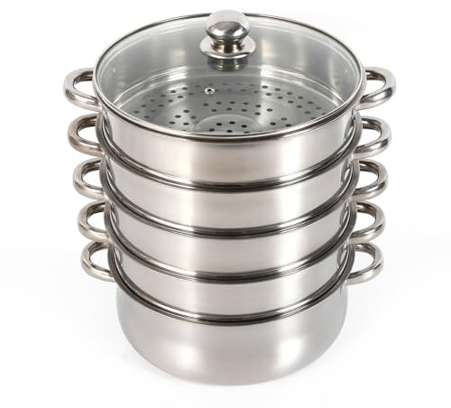 5 Tier Steamer Cooking Set, Stainless Steel Steam Cooker 26cm with Glass Lid, for All Types of Stoves