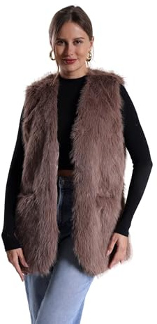 FunnyCos Damen Weste aus Kunstpelz, V-Ausschnitt, ärmellos, Winter-Gilet aus fluffigem, warmem Fake-Kanin-Fell mit Taschen, braun, M