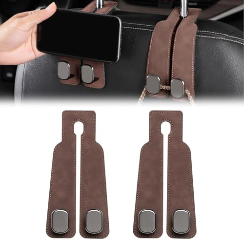 MisFun 2 Stück Taschenhalter Auto, Auto Haken Kopfstützen Haken, Auto Lagerung Haken Universal Auto Haken Rücksitz Kopfstütze Haken, Handtaschenhalter Taschenhaken Aufbewahrungshaken (Braun)