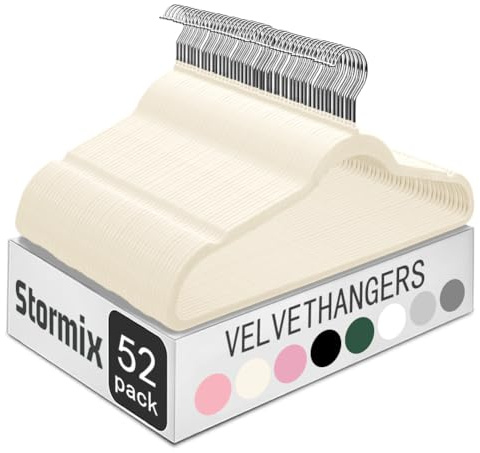 Stormix 52er-Pack Samt-Kleiderbügel für Erwachsene, Hochfeste rutschfeste Premium-Samt-Anzugshänger für Kleidung, Ultradünne platzsparende Kleiderbügel für Hemden, Kleider, Hosen - Crème