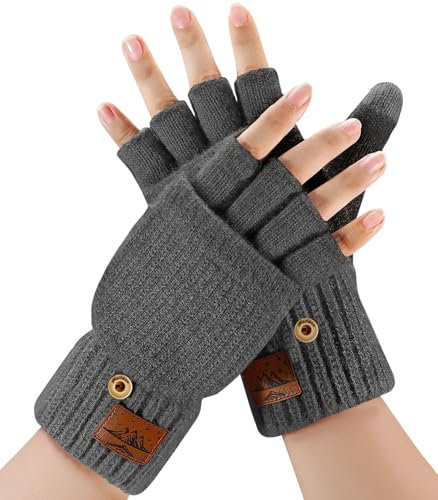 Fingerlose Handschuhe Herren und Damen - Halbfingerhandschuhe mit Kappe,Winter Flip Handschuhe mit Berührung,Fäustlinge Winterhandschuhe mit Alpakawolle für Damen Herren