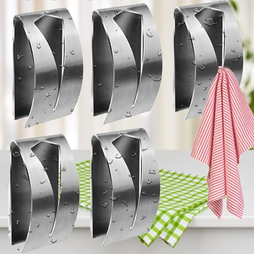 Brateuanoii 5 Stück Selbstklebend Handtuchklemme, Handtuchhaken Geschirrtuchhalter Ohne Bohren, Wandhaken Küche Aus Edelstahl, Tragfähigkeit bis zu 5 kg, Für Küche Badezimmer Toilette ‎(Silber)