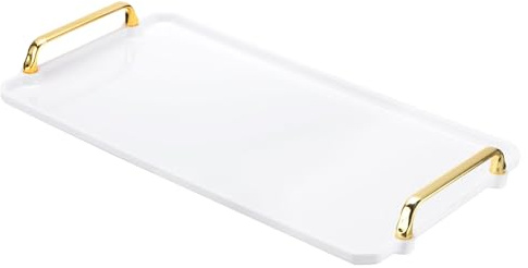 PATIKIL 16.1 x 8.7 Pouce Plateau de Service en Plastique avec Poignées Dorées, Plateaux de Fête Rectangulaires Réutilisables pour Dessert, Café, Table à Thé, Blanc