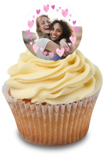 Cakeshop Cupcake Personalisierte Essbare Kuchenaufleger Mit Rosa Herzen & Text | Personalisieren Sie Bild & Text | Für Geburtstage & Feiern | Zuckerguss- & Oblatenpapier-Optionen