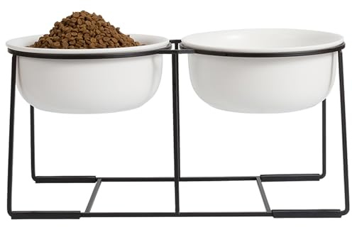 Hundenapf Set Erhöht Hundenäpfe Keramik - Doppel Fressnapf Hund Groß mit Rutschfestem Metallständer - Hunde Napfset für Futter Wasser - Ideal für Mittelgroße und Große Hunde - 2 x 1400 ml - Mattweiß