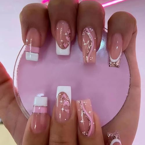 LunarCharm 24 Stück Aufdrücknägel, lange künstliche Sargnägel, rosa Acrylnägel, Press on Nails, Ballerina-Kunstnägel, Bling-Glitzer, French Tip, zum Aufkleben, falsche Nägel