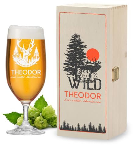 polar-effekt Leonardo Vaso de cerveza tulipán 0,3 L y caja de madera con impresión como regalo – regalo de cumpleaños para hombres – Vaso de cerveza con nombre para pils, cerveza artesanal y
