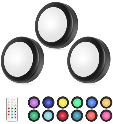 Yiliaw LED Puck-Lichter mit Fernbedienung,AA-Batteriebetriebene Lichter,12 Farben Schrankbeleuchtung,Unterbauleuchten,Drucklichter,Unterschrankbeleuchtung für die Küche,3er-Pack, Schwarz-magnetische