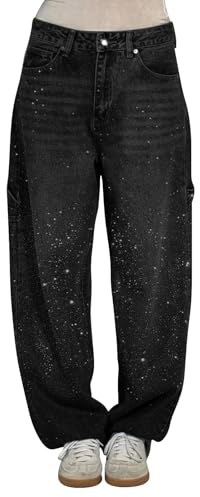 Baggy Jeans Femme décontracté à Strass, Jean Large Femme Taille Haute Strass et Paillettes, Jean à Paillettes à Jambe Large avec Poches, Mode Pantalons Longs, Streetwear, Hip Hop Pantalon Oversized