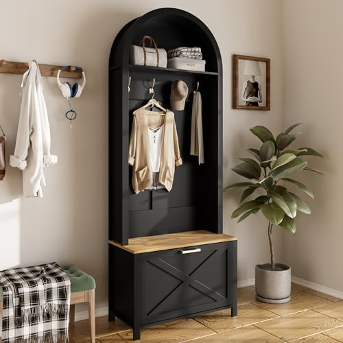 BNUZ Multifunktionaler Garderobenschrank,80 x 200 cm Schwarz mit Schuhregal, Ablage und Haken, Modernes Design, Stabile Eisenfüße, Praktische Aufbewahrung