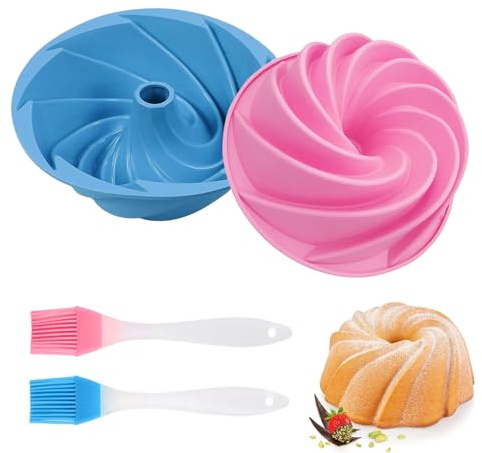 KUIZHEN Gugelhupfform Silikon, 2 Stück Silikon Backform mit 2 Stück Silikonbürste Ø 16.5 cm Gugelhupfform Gugelhupf Backform Kuchenform Hochwertige SilikonKuchenform für Kuchen Brot (Blau, Rosa)